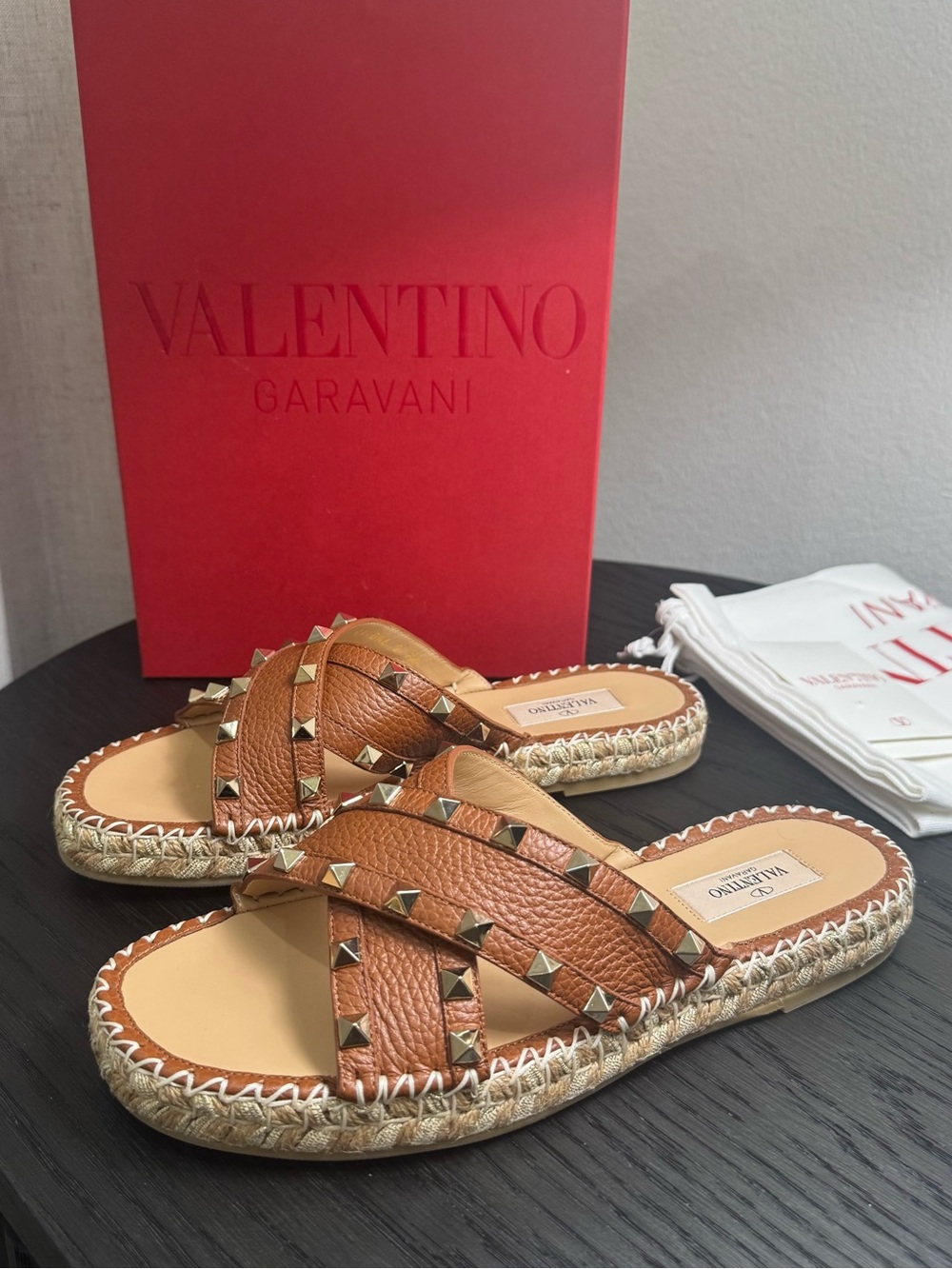 Valentino Garavani Rockstud Espadrille Slide Sandals Brown 38